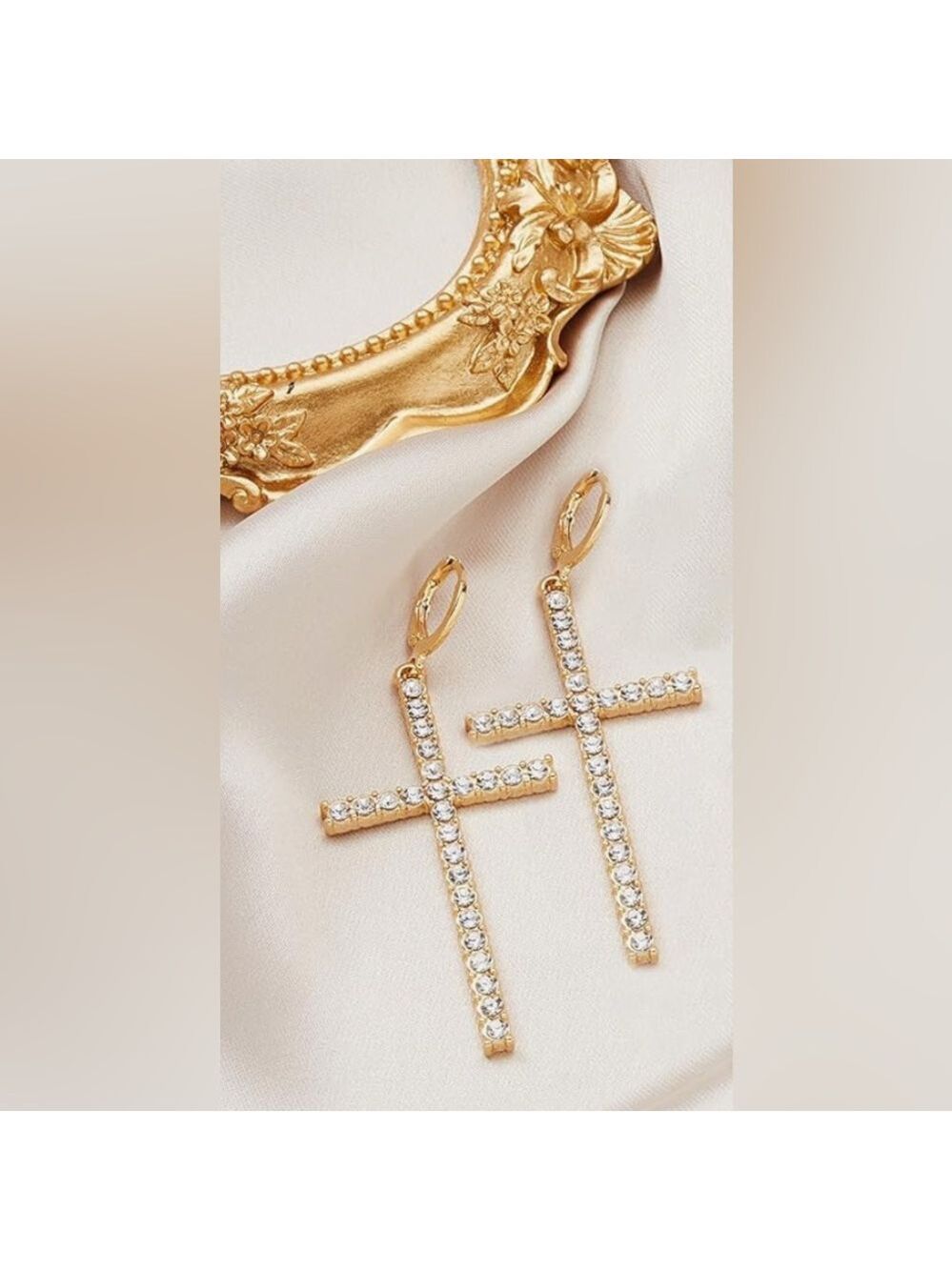 New cross earrings yellow gold cubic zirconia cz 2 inch religious jewelry NWOT - Picture 11 of 11